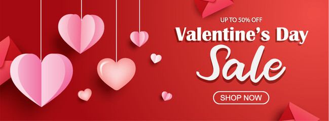 Poster - valentines day sale banner template with heart and text on red background.