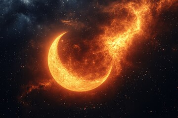 Wall Mural - Fiery crescent moon, cosmic fire, star-filled space.