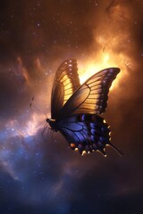 Canvas Print - A majestic butterfly soars through a celestial night sky, its wings illuminated by golden light.