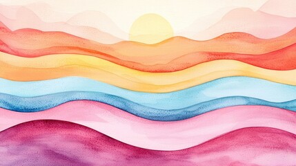Poster - Doodle watercolor idea. Vibrant watercolor landscape with soft waves and a warm sunset in the background.