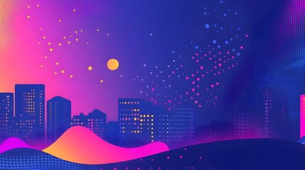 Wall Mural - abstract cityscape at night vibrant colors and dots