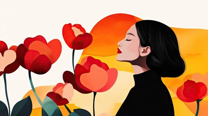 Aufkleber - Floral watercolor concept. A serene portrait of a woman surrounded by vibrant flowers, embodying tranquility.
