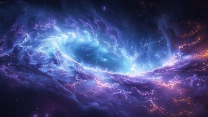 Poster - A mesmerizing scene showcasing a glowing blue object in the air, surrounded by ethereal swirls of light and color. Perfect for cosmic themes and artistic explorations.