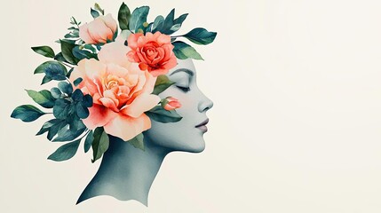 Poster - Floral watercolor concept. A serene portrait of a woman adorned with vibrant flowers, reflecting nature's beauty.