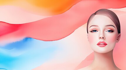 Poster - Doodle watercolor idea. Elegant portrait of a woman with vibrant abstract background showcasing beauty and style.
