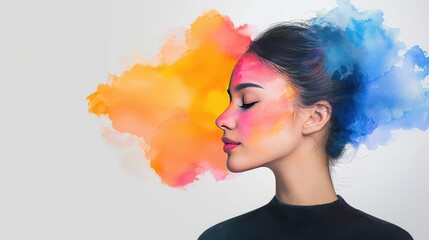 Aufkleber - Doodle watercolor idea. A profile of a woman with vibrant colors representing creativity and emotions.