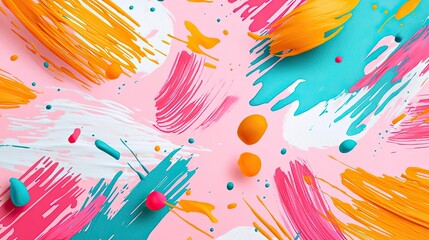 Poster - Doodle watercolor idea. Vibrant abstract artwork with colorful paint strokes and playful textures on a pink background.