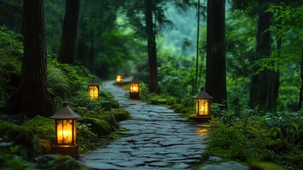 Wall Mural - Enchanted Forest Pathway with Glowing Lanterns at Dusk