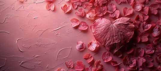 Poster - A heart-shaped leaf sits gracefully on a soft pink background, surrounded by delicate pink petals. This artistic composition evokes feelings of love and romance, perfect for weddings or intimate