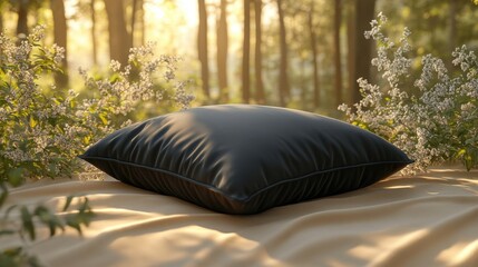 Poster - Black Pillow on Soft Fabric Surrounded by Flowers in Nature