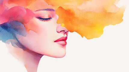 Poster - Ethereal watercolor concept. A vibrant watercolor portrait showcasing a serene woman with colorful hair.