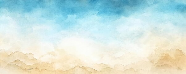 Poster - Ethereal watercolor concept. A serene watercolor landscape blending blue sky and sandy hues.