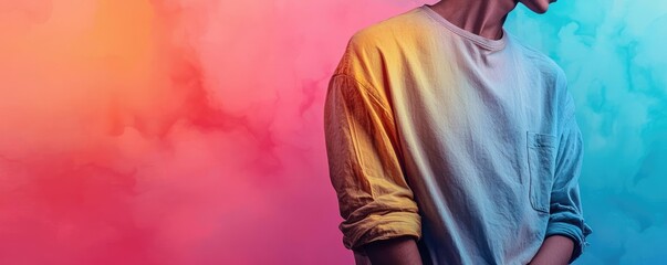 Poster - Ethereal watercolor concept. A person poses against a vibrant, colorful background, evoking emotion and creativity.