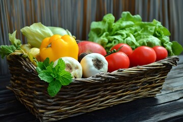 Wall Mural - Fresh vegetables filling a wicker basket on rustic wooden table