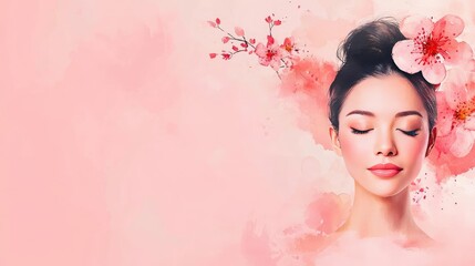 Poster - Ethereal watercolor concept. A serene woman surrounded by floral elements in a soft pink background.