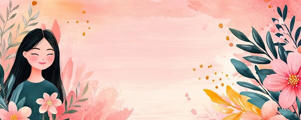 Aufkleber - Floral watercolor concept. A cheerful woman surrounded by vibrant flowers in a colorful, artistic setting.