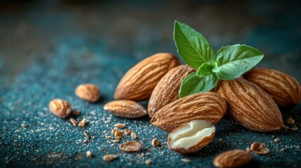 Wall Mural - Almonds, basil, rustic background, healthy food, recipe