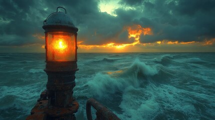 Canvas Print - Lighted lantern, stormy sea, dramatic sunset.