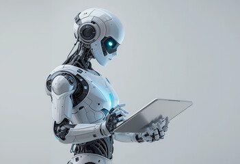 Fototapete - human robot using tab isolated PNG, Transparent background 