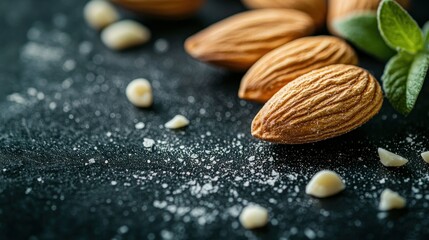 Wall Mural - Almonds, mint, dark background, food photography, recipe