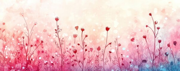 Poster - Doodle watercolor idea. A vibrant field of blooming flowers in soft pastel hues, evoking tranquility and beauty.