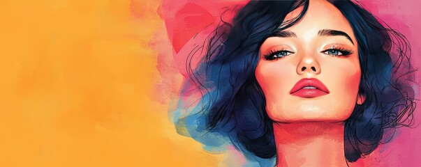 Poster - Doodle watercolor idea. Vibrant portrait of a woman with bold colors and artistic expression, showcasing beauty.