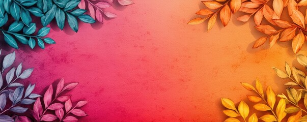 Poster - Doodle watercolor idea. Vibrant leaves in various colors framing a colorful gradient background.