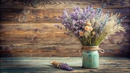 Wall Mural - A vase filled with an arrangement of dried lavender, baby's breath, and other pastel-colored flowers in a rustic, wooden background, floral arrangement, craft, vintage