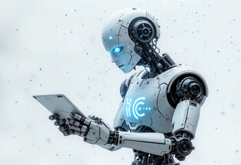 Fototapete - human robot using tab isolated PNG, Transparent background 