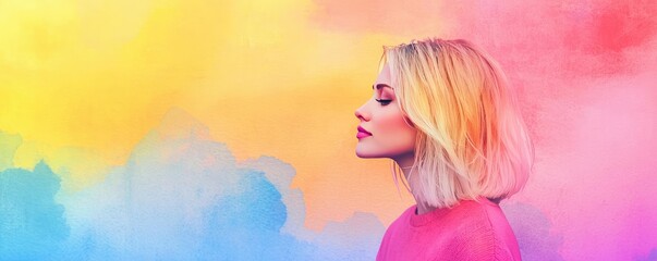 Aufkleber - Ethereal watercolor concept. Profile of a woman against a vibrant, colorful abstract background.