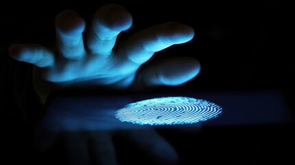 Poster - a person scans their fingerprint for secure identification and digital privacy verification.