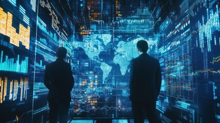 Poster - analyzing financial charts, professionals plan investments in stocks and digital assets for 2025.