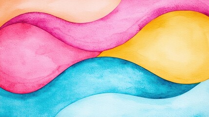 Poster - Doodle watercolor idea. Colorful abstract waves in pink, yellow, and blue with a smooth watercolor texture.