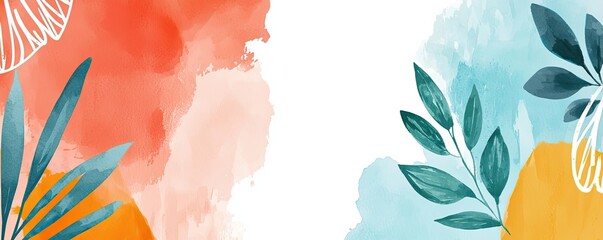 Poster - Doodle watercolor idea. Colorful abstract watercolor background with leaves and tropical elements.