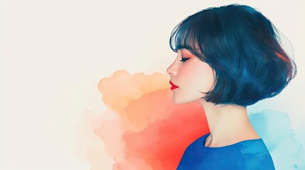 Aufkleber - Ethereal watercolor concept. A serene profile of a woman with vibrant blue hair and watercolor background.