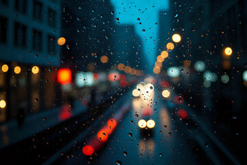Poster - City view through a window on a rainy night,Rain drops on window with road light bokeh, City life in night in rainy season abstract background. Focus on drops on glass.
