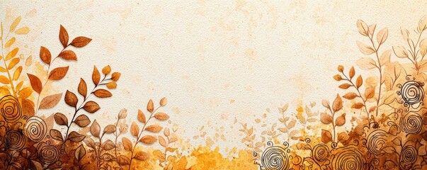 Poster - Doodle watercolor idea. A beautiful autumn background with leaves and floral elements in warm earthy tones.