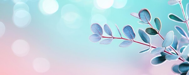Poster - Ethereal watercolor concept. Elegant branch with soft green leaves on blurred pastel background.