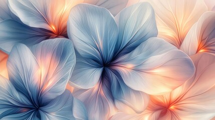 Poster - Floral watercolor concept. Beautiful close-up of delicate blue and peach flowers with soft, ethereal lighting.