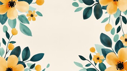 Poster - Floral watercolor concept. A beautiful arrangement of yellow flowers and green leaves on a soft background.