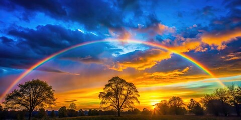 Wall Mural - A stunning rainbow-colored sunset with golden light fading into a deep blue sky and silhouetted trees, rainbow, golden hour