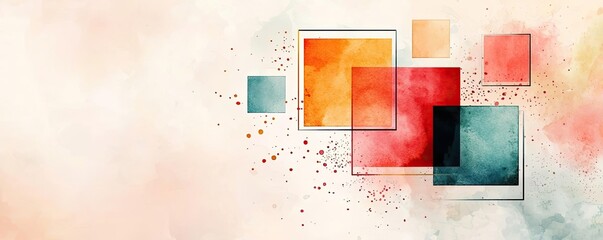 Poster - Geometric watercolor concept. Abstract watercolor composition with colorful squares and soft splashes of color.