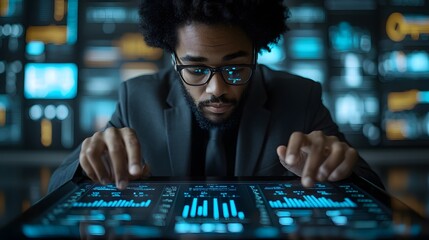 Professional man in a suit using a tablet to evaluate cost reduction strategies with bar charts on a digital display
