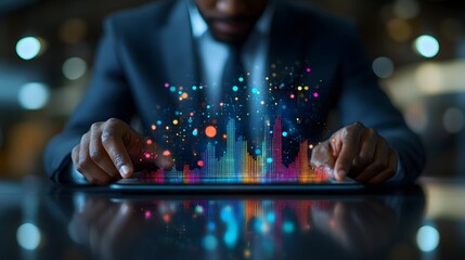 Professional man in a suit using a tablet to evaluate cost reduction strategies with bar charts on a digital display