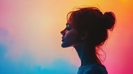 Aufkleber - Ethereal watercolor concept. Silhouette of a woman against a vibrant, colorful background, representing emotions and dreams.