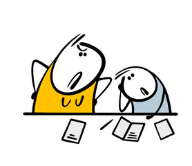 Naklejka na meble Unhappy child is doing his homework. A strict mother stands by and helps. Vector illustration of a family getting an education. A teacher and a student at school in class .Doodle characters.