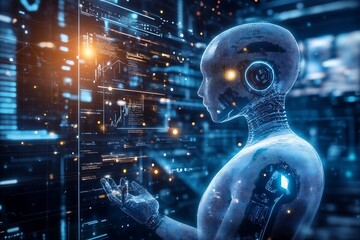Aufkleber - Futuristic AI Robot Interface with Digital Data Screens Displaying Advanced Technology : Generative AI
