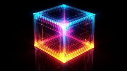 Poster - A stunning neon cube dazzles with radiant colors as it fades into a smooth gradient of light, creating an enchanting visual experience filled with energy and depth