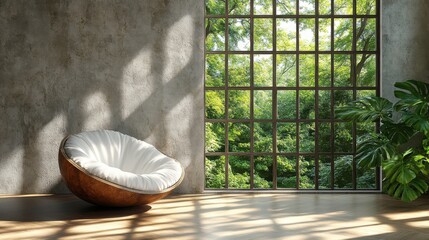 Poster - Cozy Reading Nook with a Large Window and Lush Greenery Outside