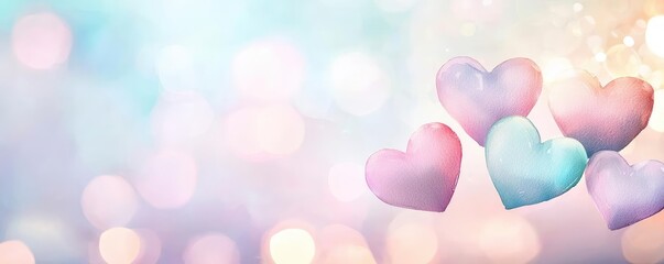 Poster - Hearts watercolor idea. Colorful hearts on a soft blurred background create a dreamy, romantic vibe.